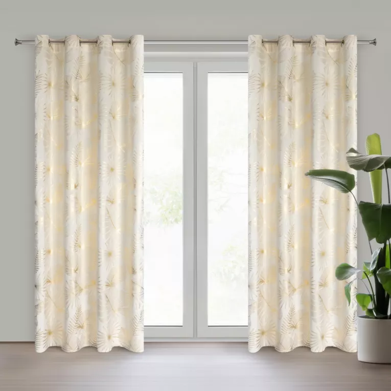 Zasłona kremowo, szampańska z nadrukiem liści, welwetowa 135x250 przelotka ARIA Eurofirany