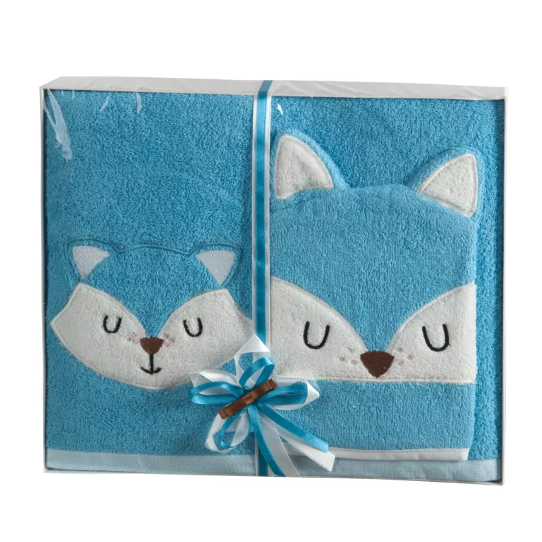 Zestaw upominkowy, ręcznik bawełniany 70x140 cm z myjką 15x21 cm kolor niebieski zdobione motywem misia Eurofirany