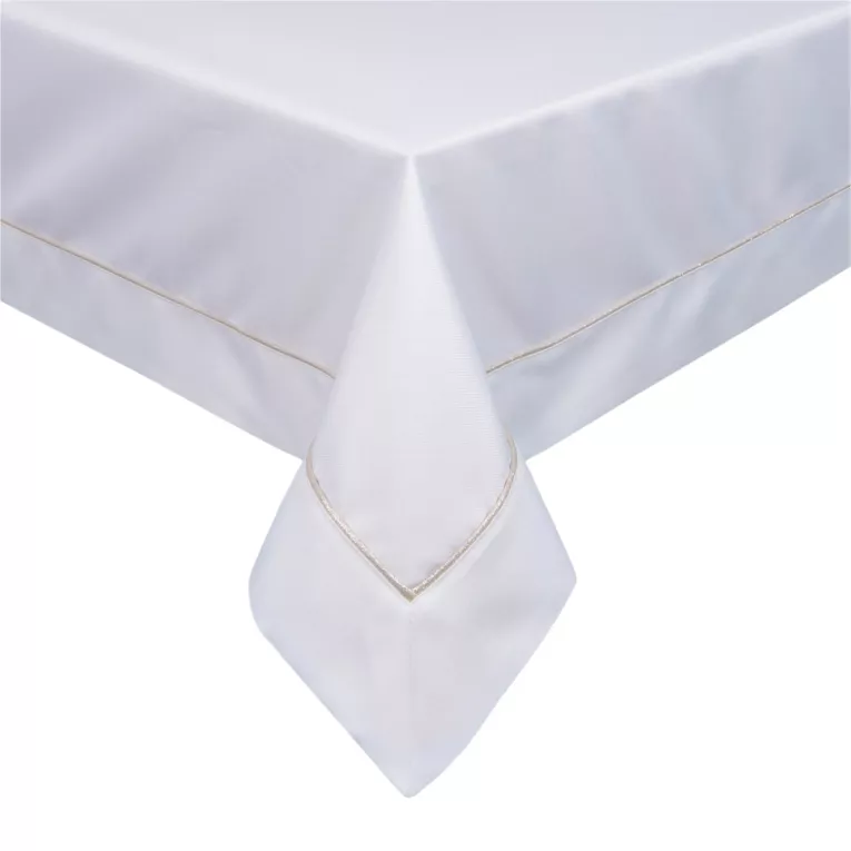Obrus biały 145x260 cm KARIN zdobiony listwą oraz delikatną złotą wypustką w eleganckim opakowaniu