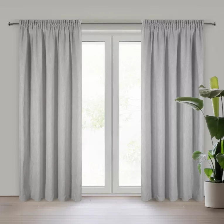 Zasłona srebrna z dodatkiem lnu i efektem deszczyku 140x300 cm taśma JUDYTA Eurofirany