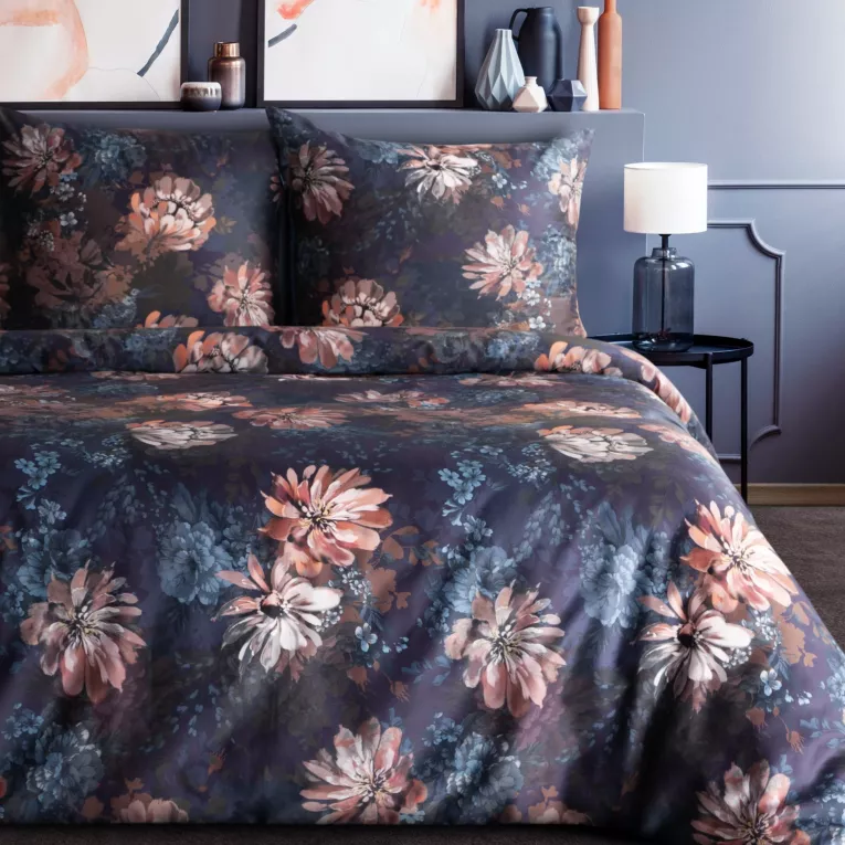 Pościel 160x200 cm z makosatyny bawełnianej kolor ciemnogranatowy, rudy z motywem kwiatów REINA 50 Eurofirany