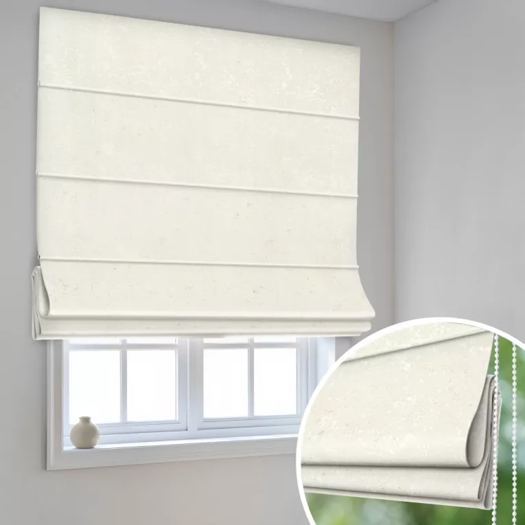 Roleta rzymska kremowa miękka tkanina welwetowa, ze złotym marmurowym nadrukiem