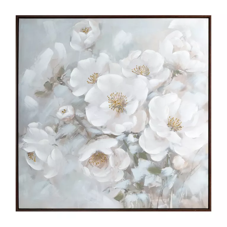 Obraz kremowo, błękitny ręcznie malowany w bukiet subtelnych kwiatów na płótnie 80x80 cm Eurofirany