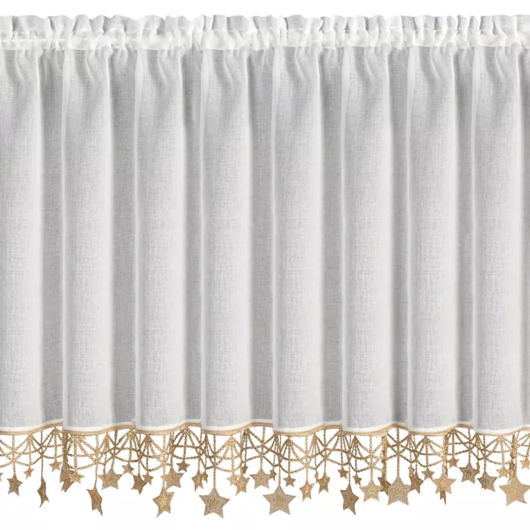 Zazdrostka świąteczna biało, złota z etaminy zdobiona luźno zwisającymi gwiazdkami 150x90 cm tunel - XMAS Eurofirany
