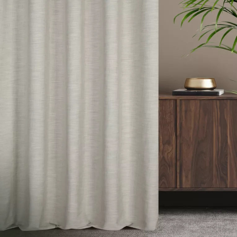 Zasłona szyta na taśmie fala szarobeżowa z tkaniny z dodatkiem lnu, z melanżowym splotem ekologiczna
