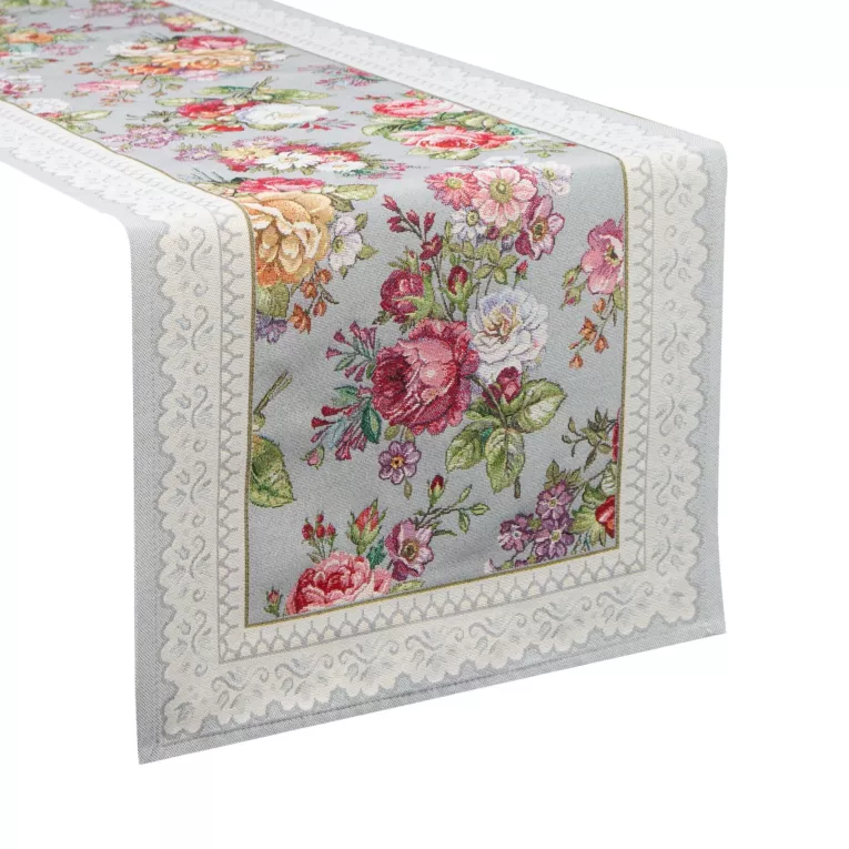 Bieżnik na stół popielato, różowy 40x140 cm gobelinowy zdobiony tkanym motywem kwiatowym