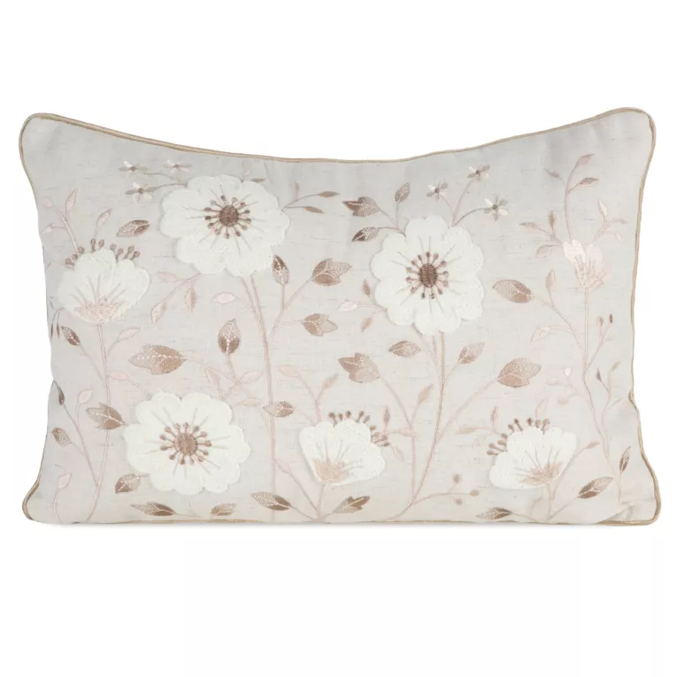 Poszewka na poduszkę 35x50 cm o naturalnym splocie zdobiona haftem wiosennych kwiatów beżowo, biała WIOSNA 123 Eurofirany