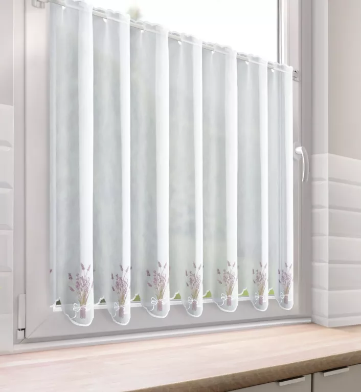 Tkanina firanowa zazdrostka z etaminy zdobiona haftem lawendy Eurofirany