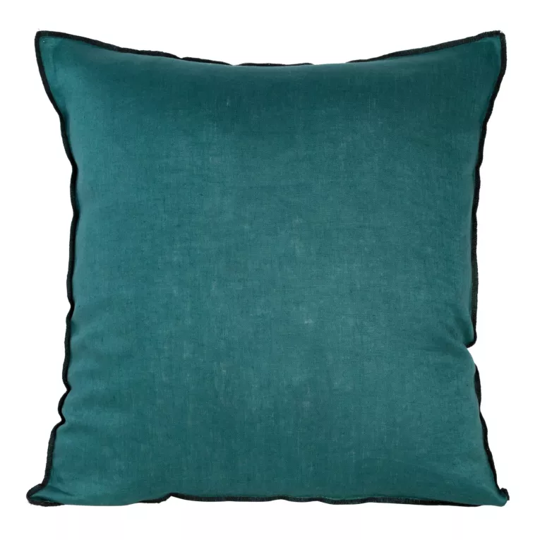 Poszewka na poduszkę 45x45 cm z naturalnej lnianej tkaniny obszyta czarną nicią turkusowa LEN Eurofirany