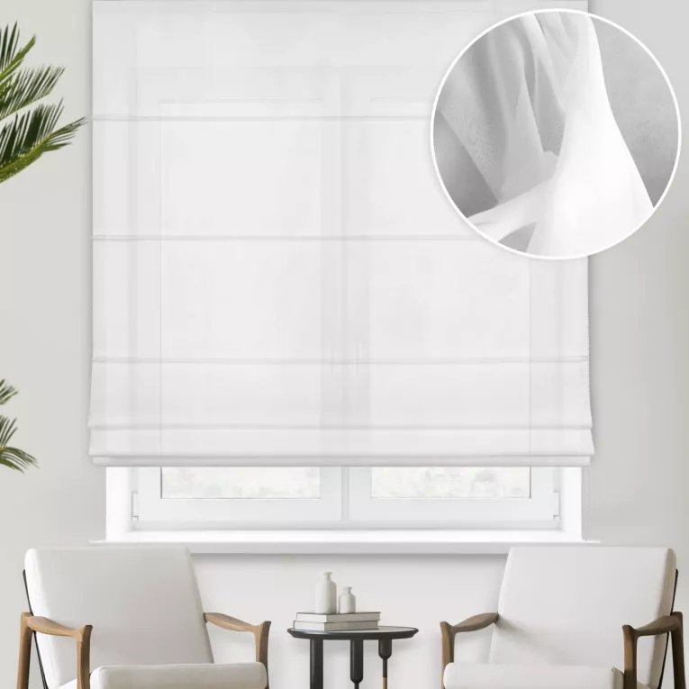 Roleta rzymska biała półprzezroczysta, z matowego woalu, o niestandardowej wysokości 360cm, wykończona obciążnikiem