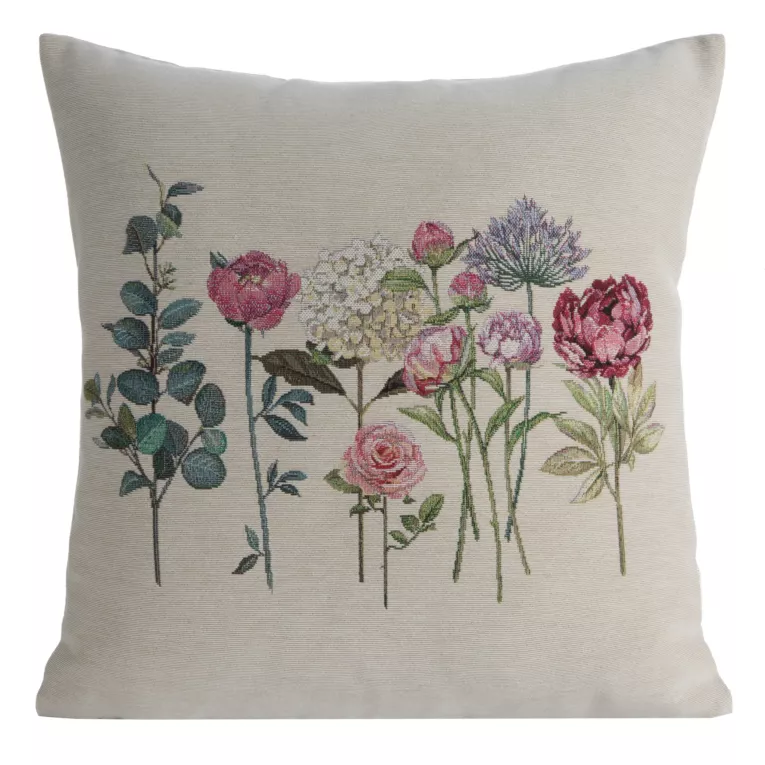 Poszewka na poduszkę 45x45 cm bawełniana, gobelinowa z tkanym motywem letnich kwiatów naturalno, różowa GOB Eurofirany