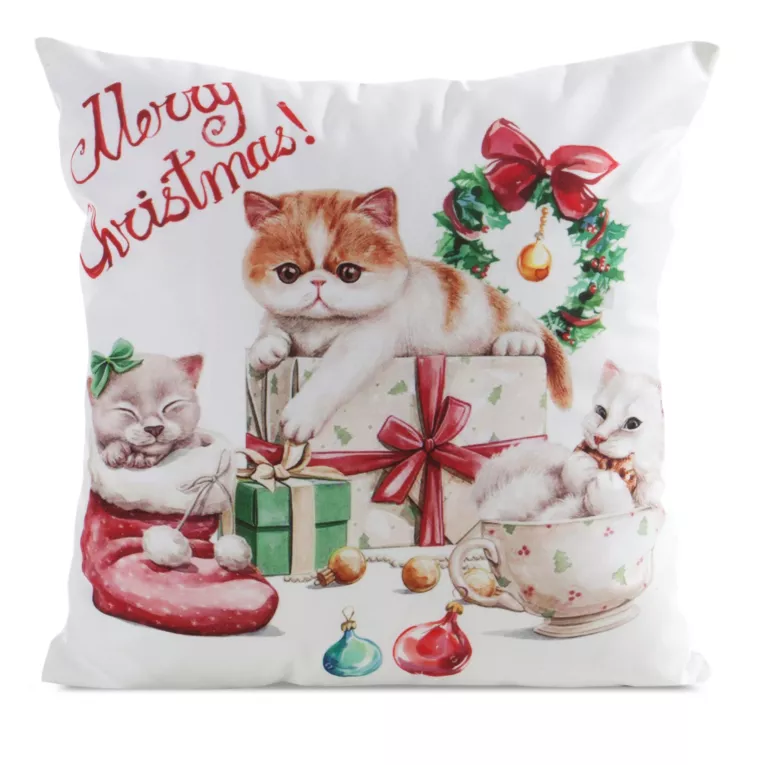 Poszewka na poduszkę świąteczna 45x45 cm biało, czerwona zdobiona nadrukiem uroczego kotka Eurofirany