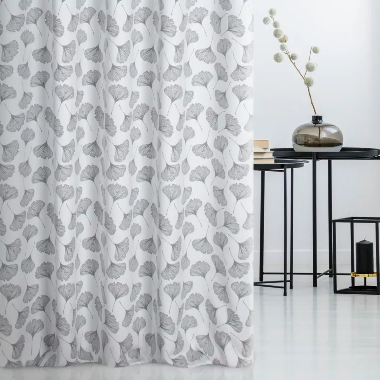 Zasłona szyta na taśmie fala biało popielata z miękkiej tkaniny z nadrukiem w botaniczny wzór