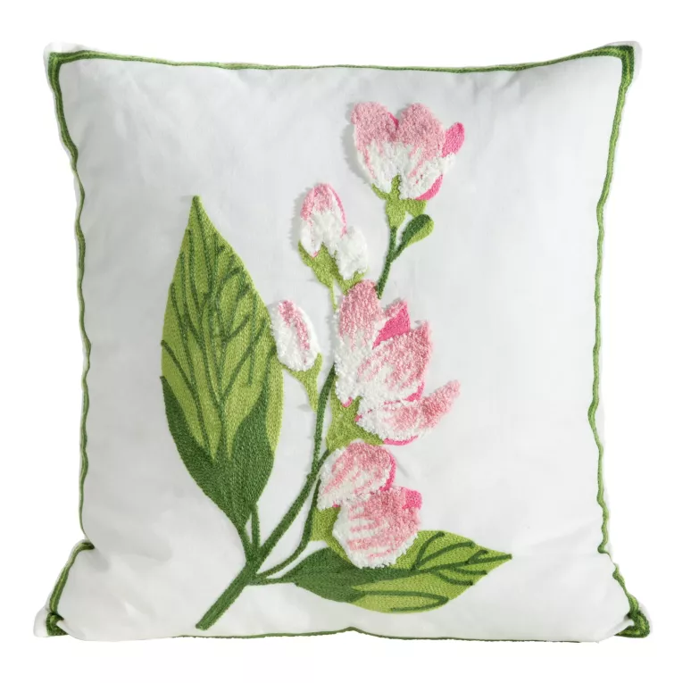 Poszewka na poduszkę 45x45 cm zdobiona haftowanym motywem kwiatów biało, zielona WIOSNA 68 Eurofirany