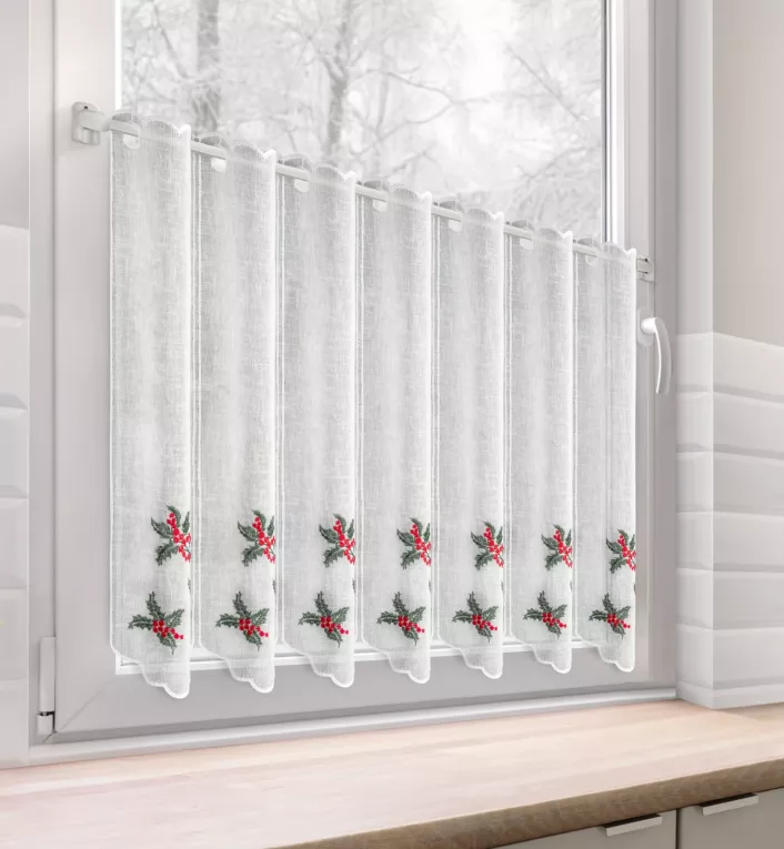 Tkanina firanowa zazdrostka z haftem świątecznym z motywem ostrokrzewu Eurofirany