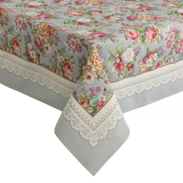 Obrus popielato, różowy 140x180 cm gobelinowy zdobiony tkanym motywem kwiatowym