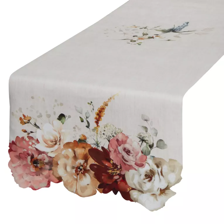 Bieżnik na stół naturalno, różowy 40x140 cm SUMMER 2 z nadrukowanym motywem kwitnących kwiatów