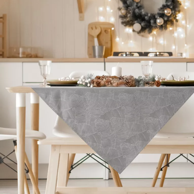 Bieżnik na stół srebrno, biały 85x85 cm ISLA z żakardowym wzorem liści bananowca