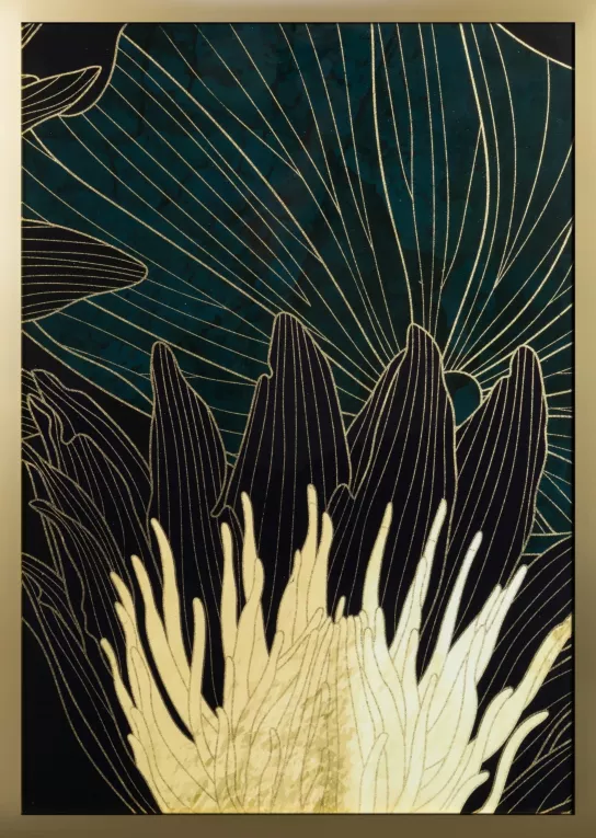 Obraz roślinny zielony z nadrukiem liści i kwiatów w złotej ramce 53x73 cm