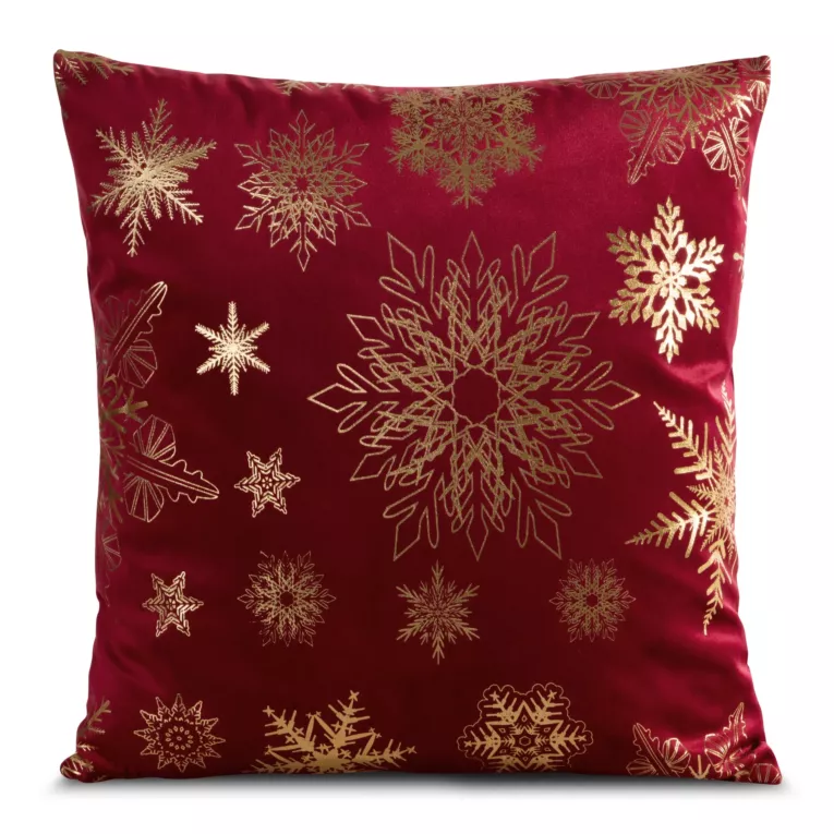 Poszewka na poduszkę 45x45 cm welwetowa zdobiona śnieżynkami czerwono, szampańska JOY Eurofirany