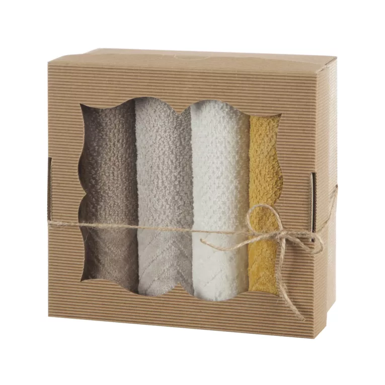 Zestaw ręczników bawełnianych na prezent 4 szt 30x50 cm kolor kremowy, jasnobeżowy o ryżowej strukturze, prezent na każdą okazję Eurofirany