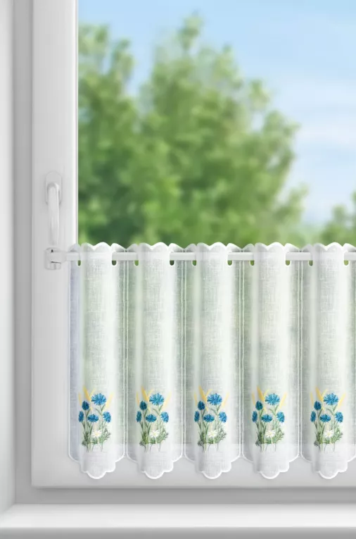Tkanina firanowa zazdrostka zdobiona haftem bukietu polnych kwiatów Eurofirany