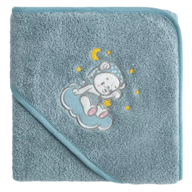 Ręcznik kąpielowy dziecięcy 100x100 cm bawełniany kolor niebieski z kapturem i aplikacją uroczego misia 400 g/m2 Eurofirany