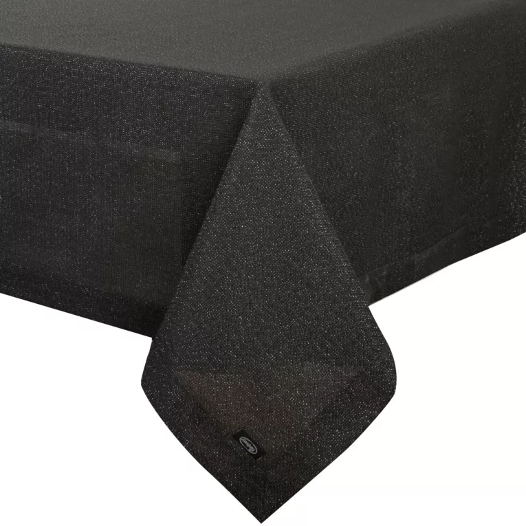 Obrus czarny 145x350 cm o strukturze płótna STELLA 1 z dodatkiem srebrnej nici