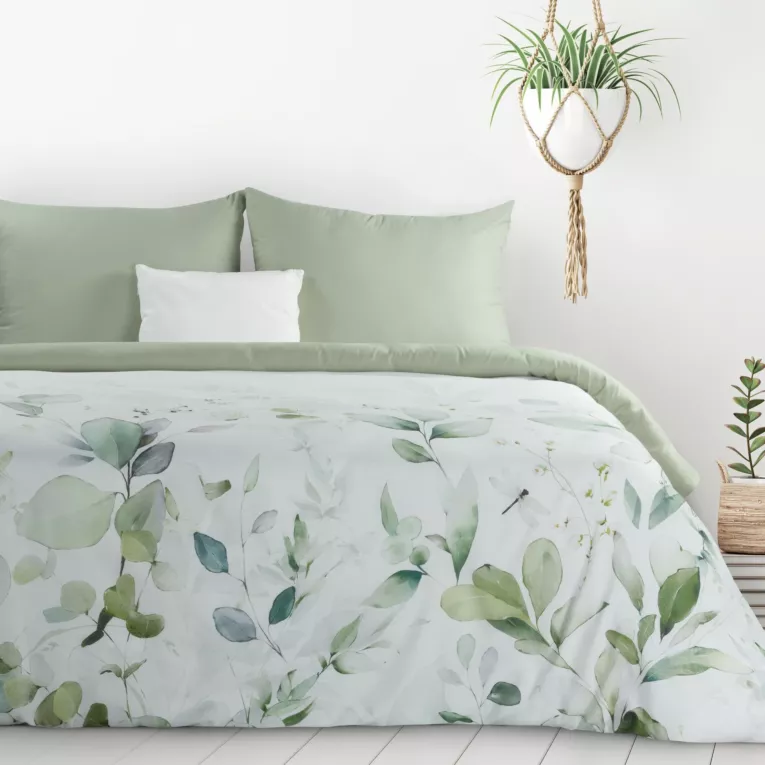 Pościel 140x200 cm kolor biało, oliwkowy z motywem liści VERANO design 91 Eurofirany