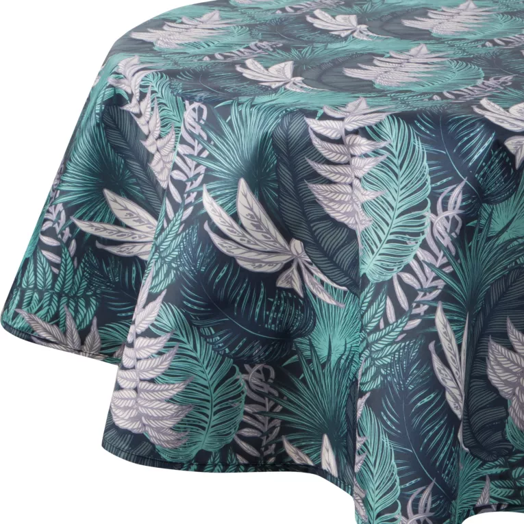 Obrus okrągły granatowo, turkusowy średnica 150 cm wodoodporny GARDEN na taras oraz balkon z motywem botanicznym