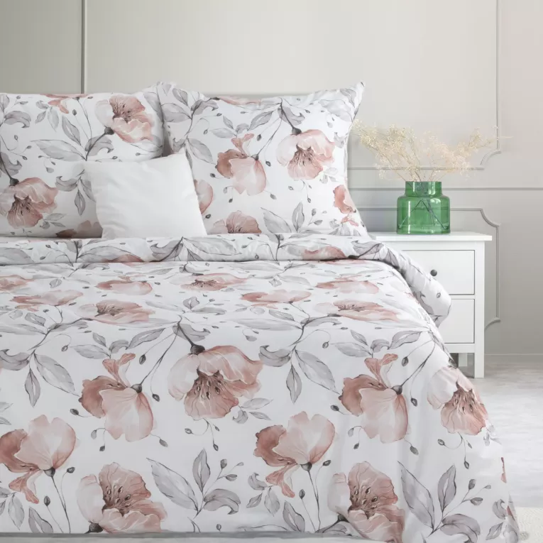 Pościel 140x200 cm bawełniana kolor biały, pudrowy z wzorem dużych kwiatów NICKY Eurofirany