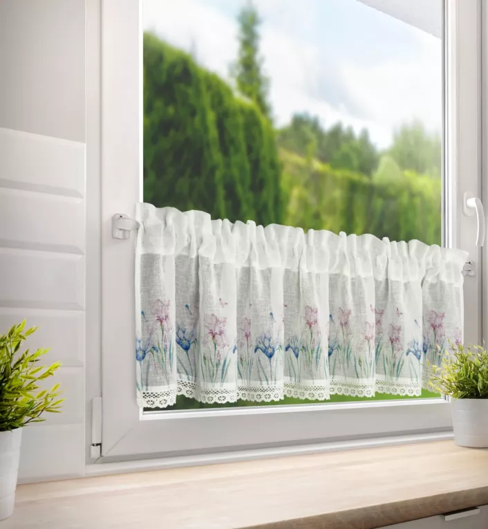 Zazdrostka biała z etaminy zdobiona nadrukiem kwiatów i koronką 150x30 cm tunel DOLOREZ Eurofirany