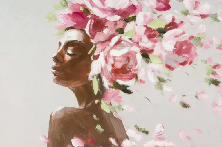 Obraz portret kobiety w nakryciu głowy z kwiatów ręcznie malowany na płótnie w ramie Eurofirany