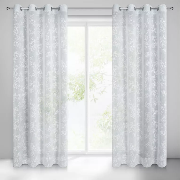 Zasłona szaro, biała w klasyczny wzór kwiatowy 140x250 cm przelotka AMBER Eurofirany