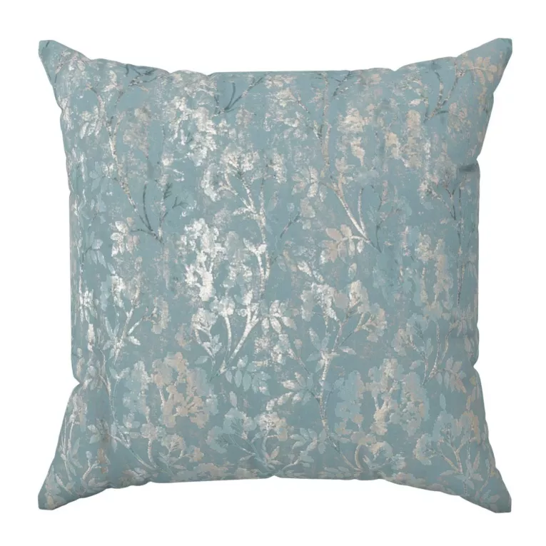 Poszewka szyta niebiesko złocista z grubej, welwetowej tkaniny z roślinnym wzorem, zdobiona delikatnie połyskującym nadrukiem