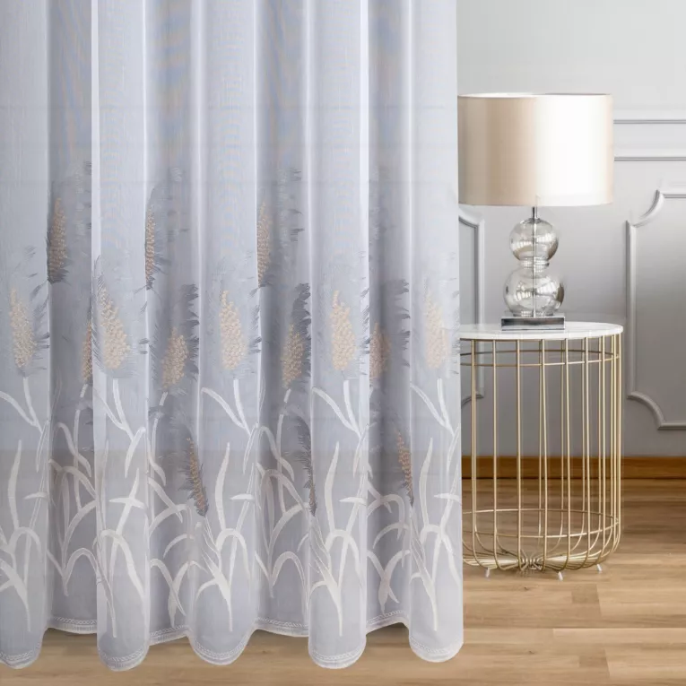 Firana szyta na flexach biało popielata z tkaniny typu ADEN z efektem delikatnego deszczyku, zdobiona oryginalnym haftem Pierre Cardin