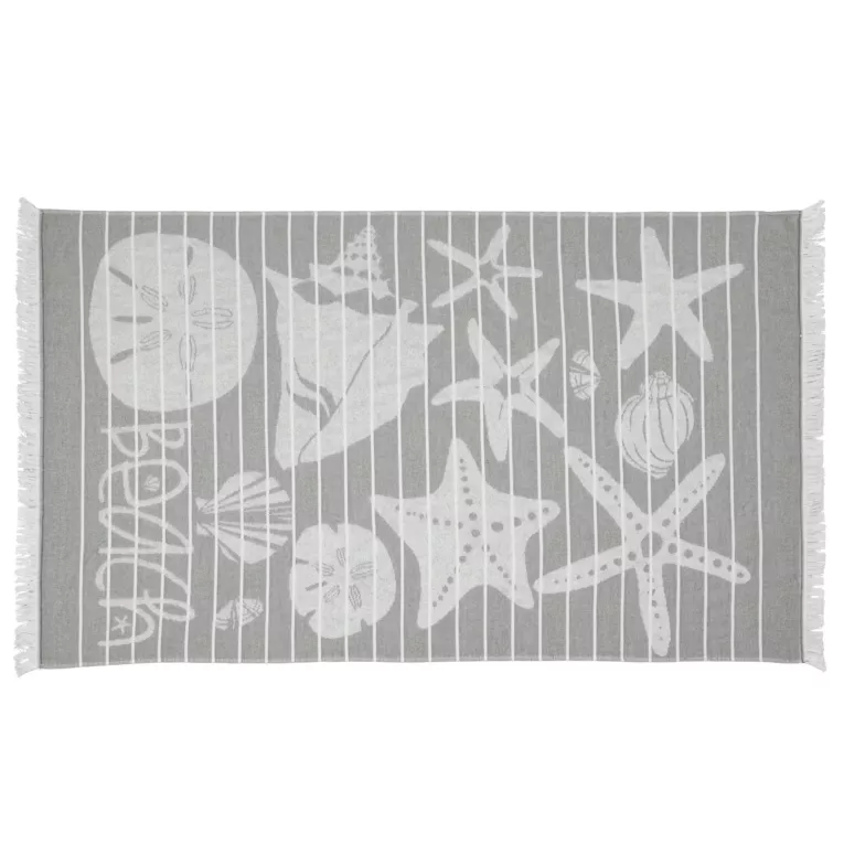 Ręcznik kąpielowy 90x170 cm bawełniany kolor srebrny,biały zdobiony nadrukiem muszelek i frędzli 350g/ m2 CAPRI Eurofirany