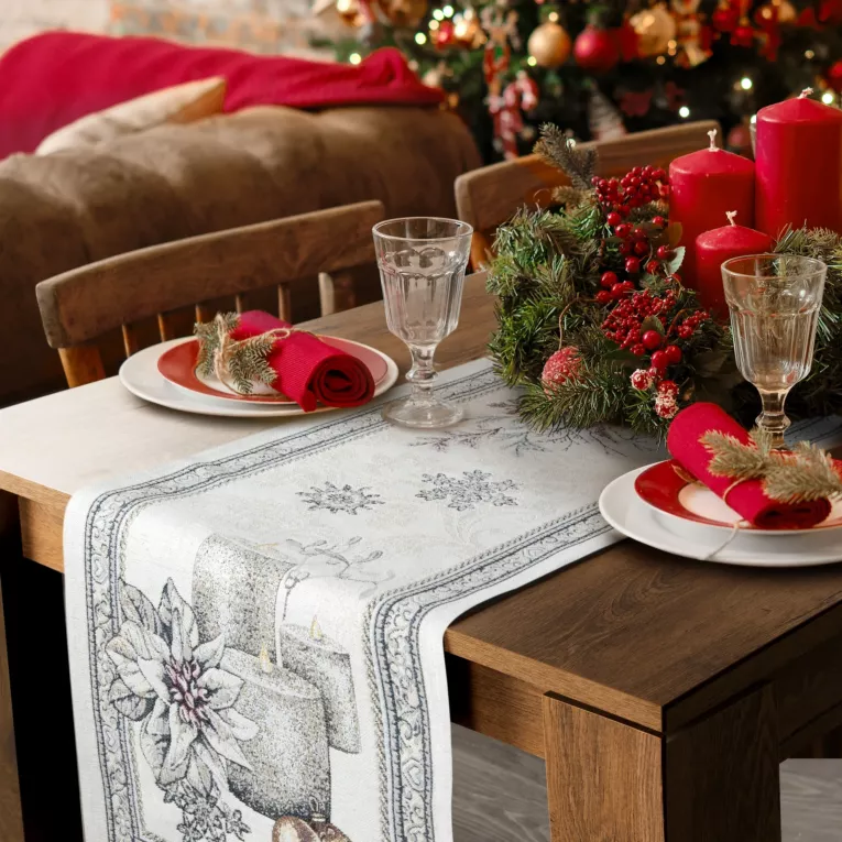 Bieżnik na stół popielato, srebrny 45x140 cm gobelinowy CANDL z mieszanki włókien zdobiony wzorem świątecznym