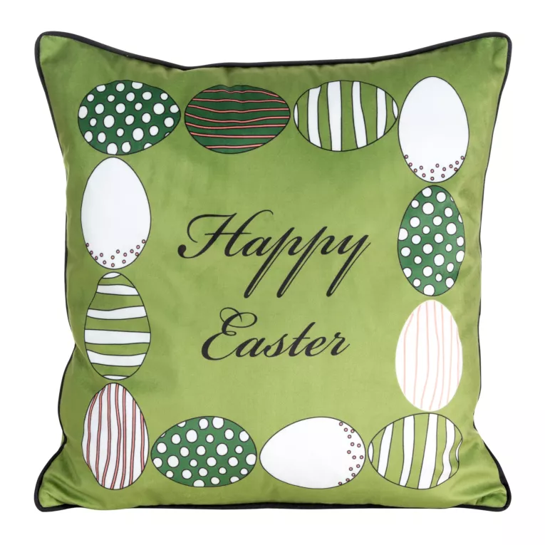 Poszewka na poduszkę 45x45 cm welwetowa zdobiona nadrukiem pisanek zielono, biała WIOSNA 1 Eurofirany