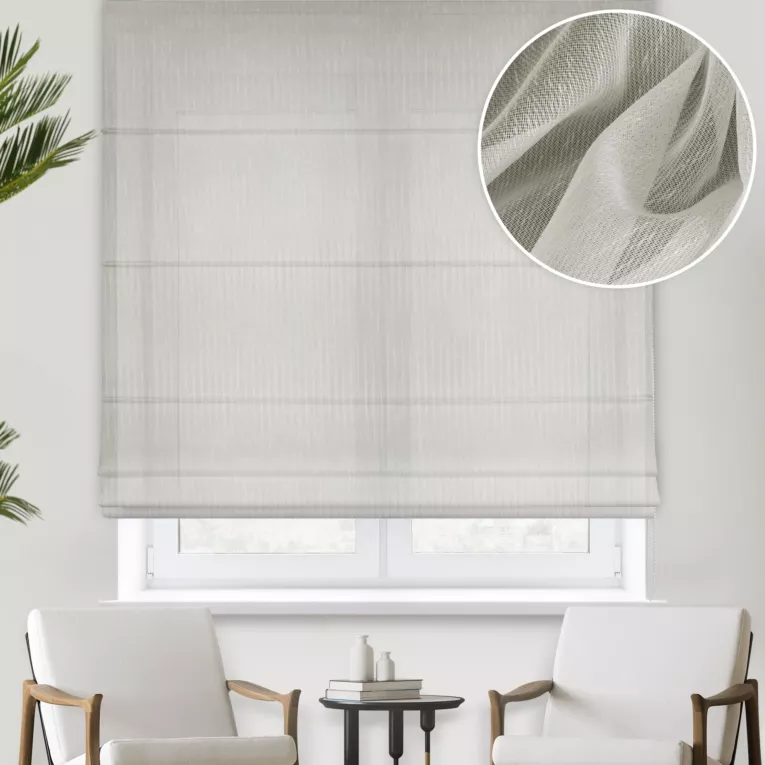 Roleta rzymska kremowa z półprzeźroczystej tkaniny z efektem deszczyku, wykończona obciążnikiem