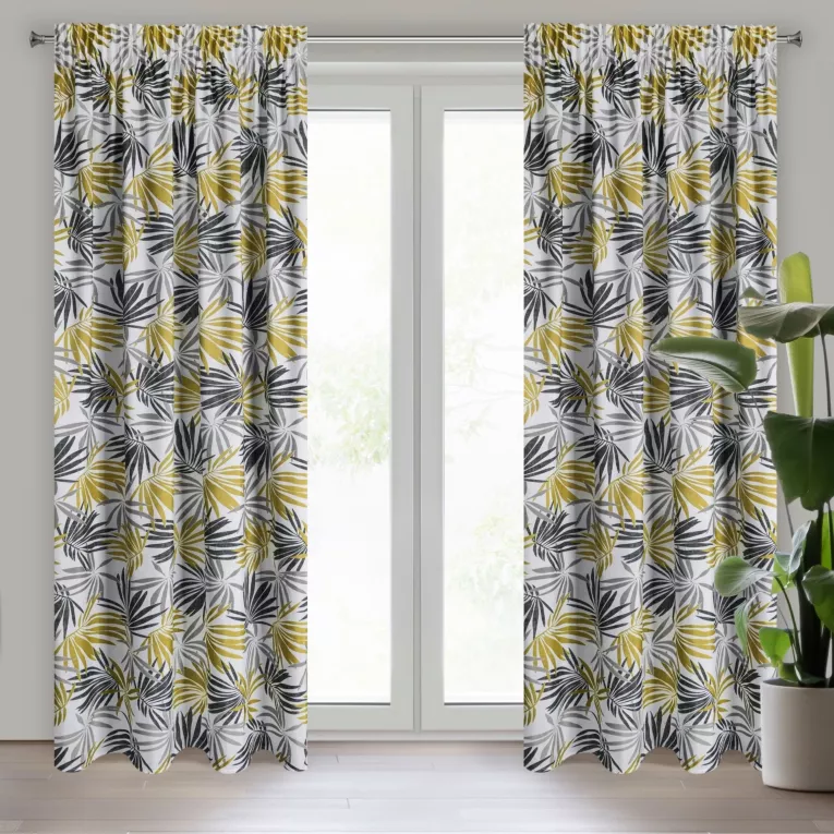 Zasłona biało, musztardowa we wzór liści 140x270 taśma ELINA Design 91
