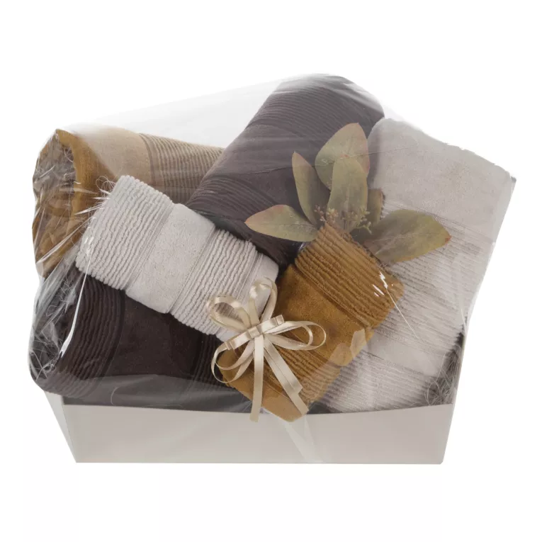 Zestaw ręczników bawełnianych na prezent 2 szt 30x50 cm, 2 szt 50x90 cm, 2 szt 70x140 cm kolor miodowy, brązowy z wytłaczanym wzorem prążków Eurofirany