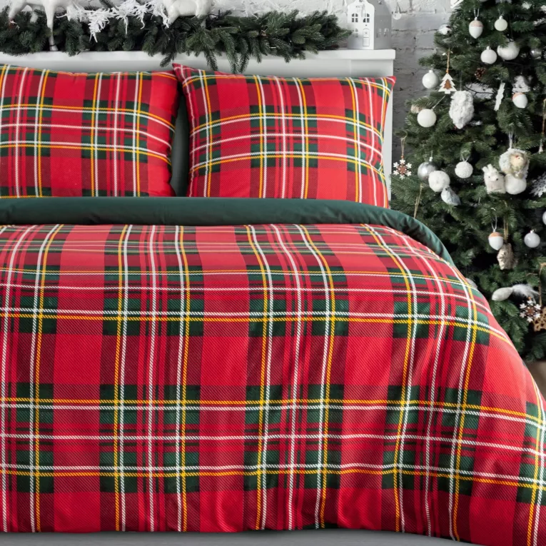 Pościel świąteczna 140x200 cm z bawełny ranforce, kolor czerwony, butelkowo zielony zdobiona nadrukiem szkockiej kraty JENNY Eurofirany