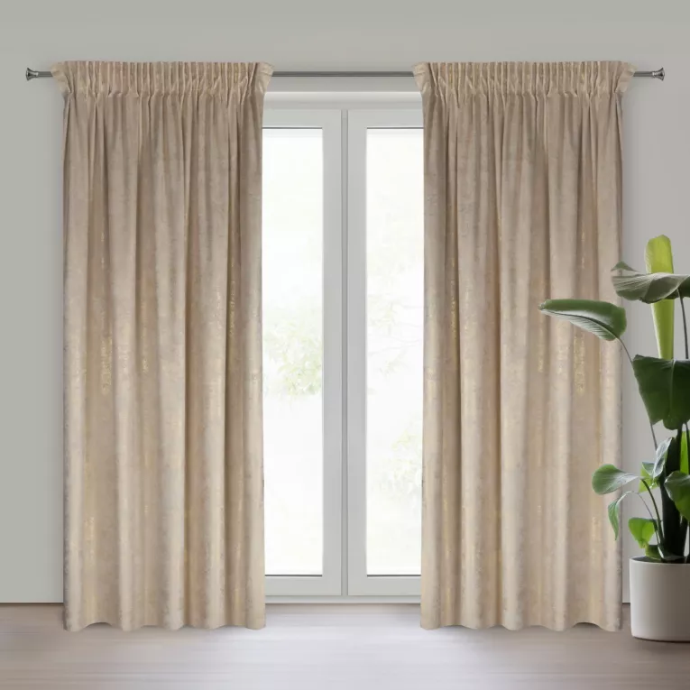 Zasłona kremowo, srebrna welwetowa z przecieranym błyszczącym nadrukiem 140x270 cm taśma - AVENA Eurofirany