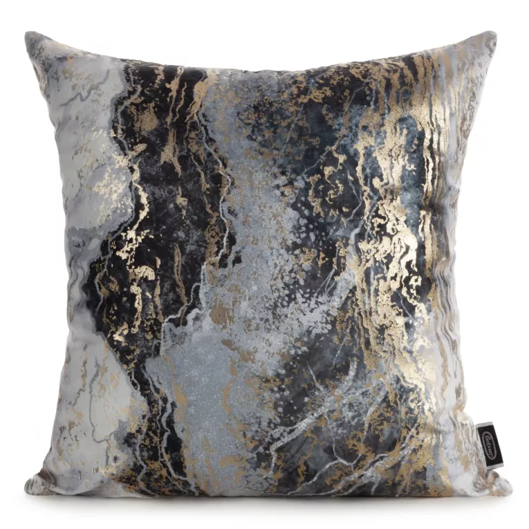 Poszewka na poduszkę 45x45 cm welwetowa zdobiona przecieranym metalicznym nadrukiem stalowa SOFI Eurofirany