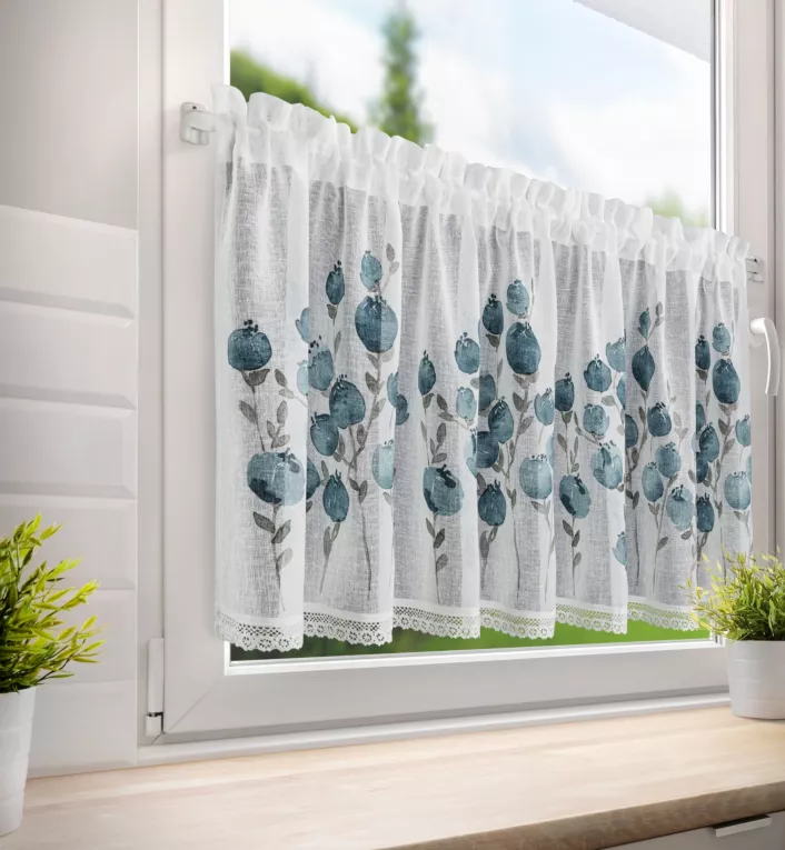 Zazdrostka biała z etaminy z malarskim nadrukiem niebieskich kwiatów i bawełnianą koronką 150x60 cm tunel POLA  Eurofirany