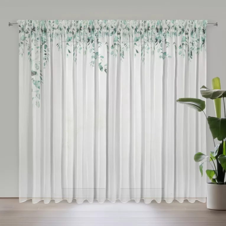 Dekoracja okienna biało, zielona zdobiona subtelnymi listeczkami 350x250 cm taśma BETSY Eurofirany