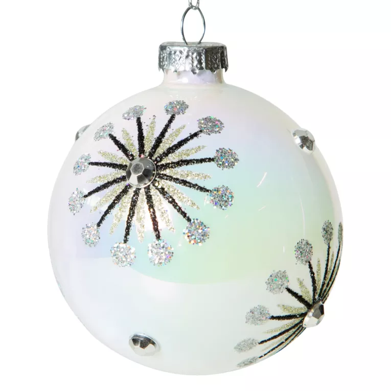 Biała szklana bombka na choinkę ze srebrnymi gwiazdkami 8 cm Eurofirany