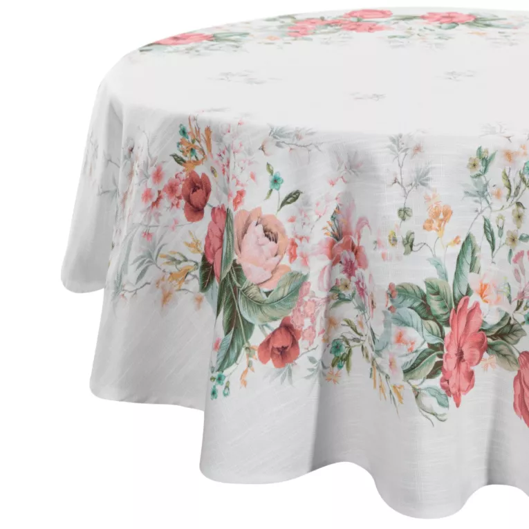 Obrus okrągły naturalno, różowy srednica 140 cm SUMMER 12 zdobiony nadrukiem letnich kwiatów