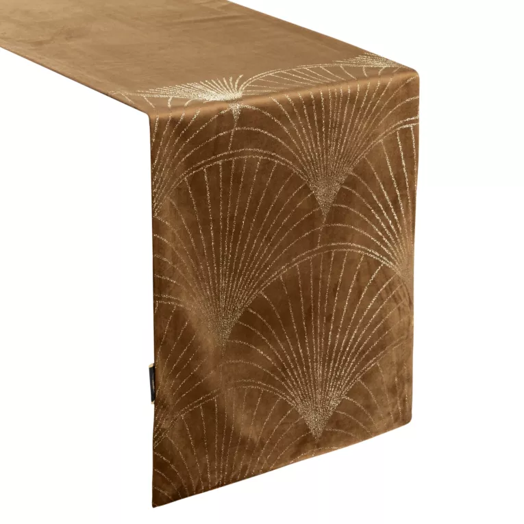 Bieżnik na stół brązowo, złoty 35x140 cm welwetowy BLINK 14 z welwetu z dużym wzorem wachlarzy w stylu art deco